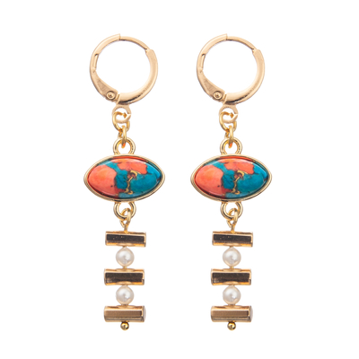 Les boucles d'oreille à chaînes de cercle d'émail de boucle réglées avec de l'or ont plaqué la turquoise ovale 2 perles