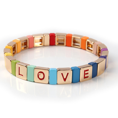 Élastique de bracelet de tuile d'émail de lettre d'amour de couleur d'or pour la partie de plage