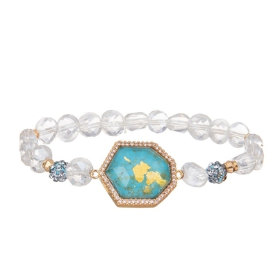 Élastique fait main de bracelet de perles de turquoise bleue naturelle avec la feuille d'or