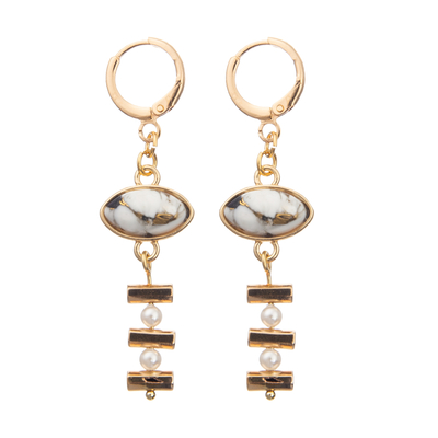 Les boucles d'oreille à chaînes de cercle d'émail de boucle réglées avec de l'or ont plaqué la turquoise ovale 2 perles
