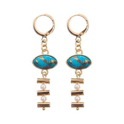 Les boucles d'oreille à chaînes de cercle d'émail de boucle réglées avec de l'or ont plaqué la turquoise ovale 2 perles