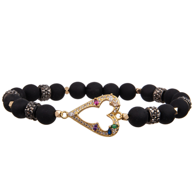 Bracelets faits main strechy de perles du meilleur de Saint-Valentin noir de cadeau avec le coeur de zircon et l'entretoise d'or