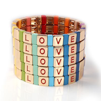 Élastique de bracelet de tuile d'émail de lettre d'amour de couleur d'or pour la partie de plage