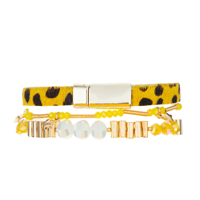 Le cristal de bijoux de kc perle la pile en cuir de bracelet a placé la collection jaune de léopard