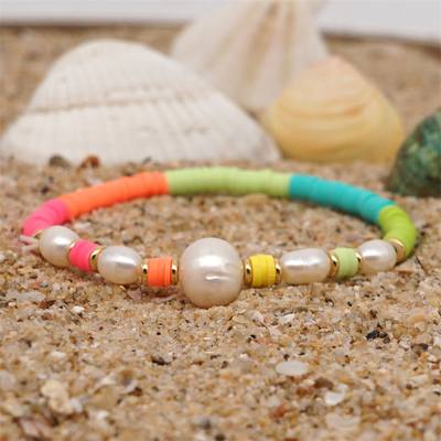 Bracelet d'eau douce de perle de style de la Bohême, polymère multicolore Clay Bracelets d'arc-en-ciel