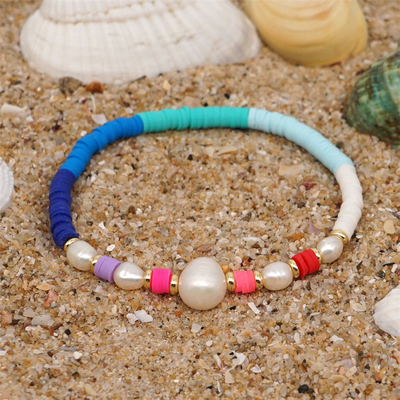 Bracelet d'eau douce de perle de style de la Bohême, polymère multicolore Clay Bracelets d'arc-en-ciel