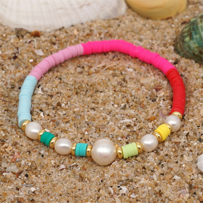 Bracelet d'eau douce de perle de style de la Bohême, polymère multicolore Clay Bracelets d'arc-en-ciel