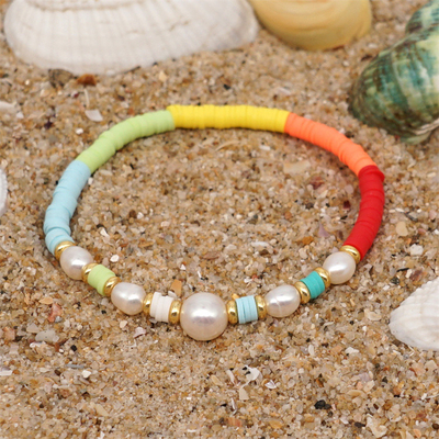 Bracelet d'eau douce de perle de style de la Bohême, polymère multicolore Clay Bracelets d'arc-en-ciel