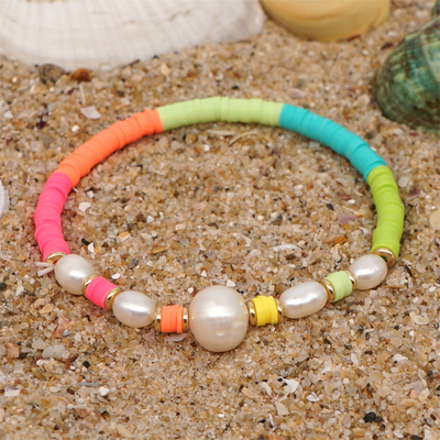 Bracelet d'eau douce de perle de style de la Bohême, polymère multicolore Clay Bracelets d'arc-en-ciel