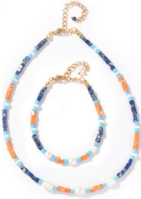 16&quot; bracelet d'eau douce de perle de longueur avec la pierre orange carrée de veine bleue de Lapid
