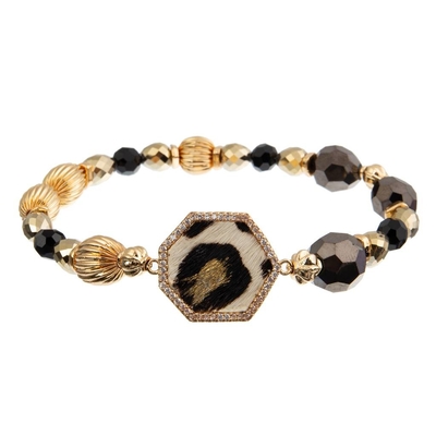 léopard noir et blanc déjoué par or en cuir fait main du bracelet 18.5cm de perle de 10mm