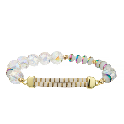L'or blanc a strié les bracelets en cuir faits main avec Crystal And Rainbow Resin Beads clair