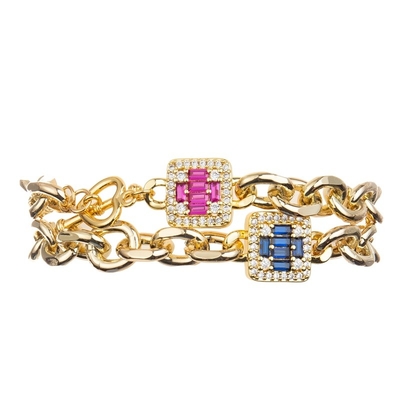 Bracelet brillant bleu profond de lien de Diamond Cross Charm Gold Chain pour Madame de mode