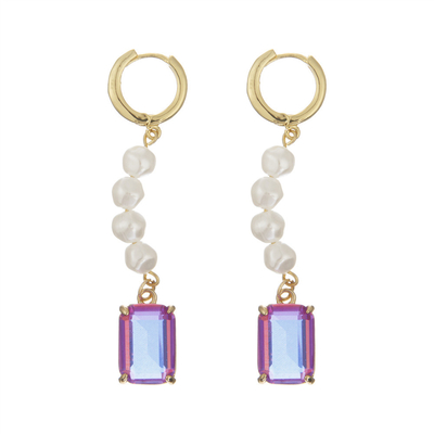 Or pendant de Crystal Stone Hoop Earrings Rectangular de perle d'acier inoxydable plaqué